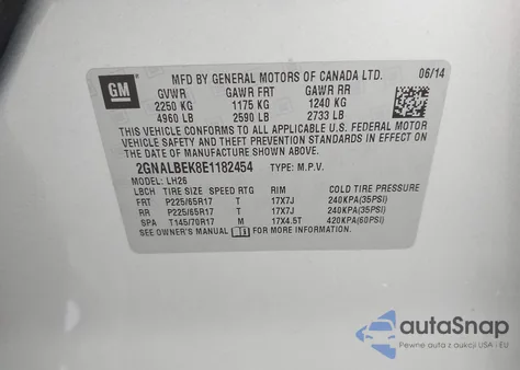 2014 Chevrolet Equinox 1Lt from USA, damaged, VIN 2GNALBEK8E1182454